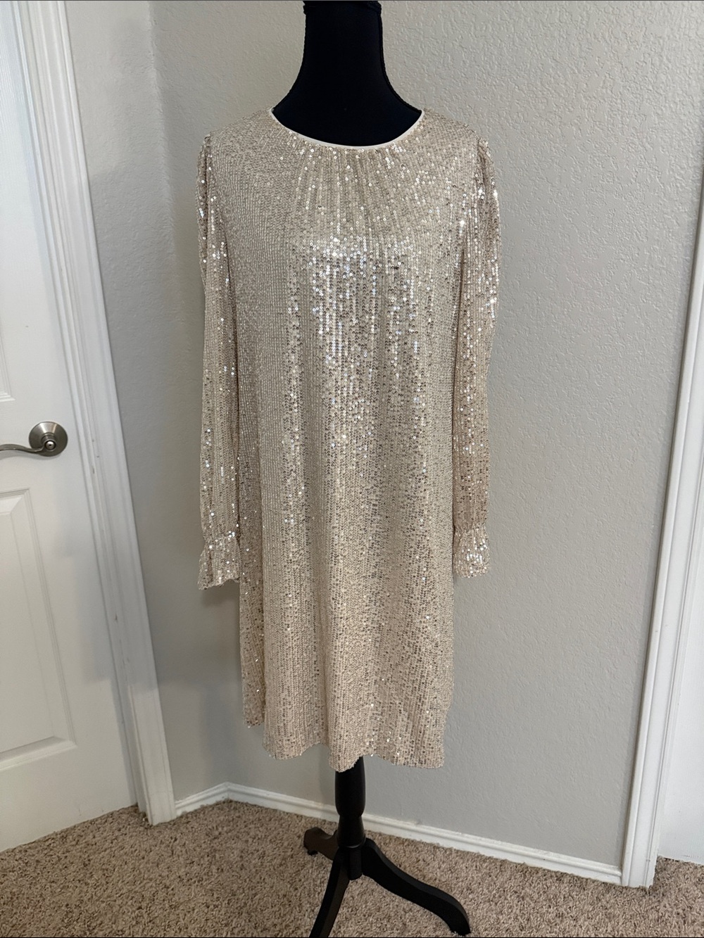 Maia- Long-Sleeve Sequin Shift Dress in Champagne